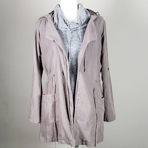 Becool Tan Hooded Utility Jacket Coat Women's Medium Drawstring Roll Tab Sleeves - Picture 4 of 11